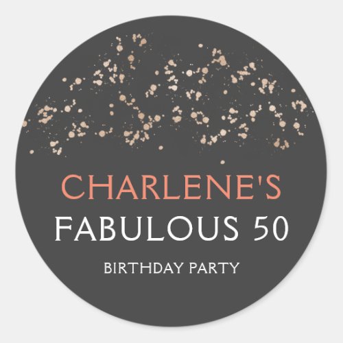 Gold on Black and Coral Fabulous 50 Birthday Party Classic Round Sticker