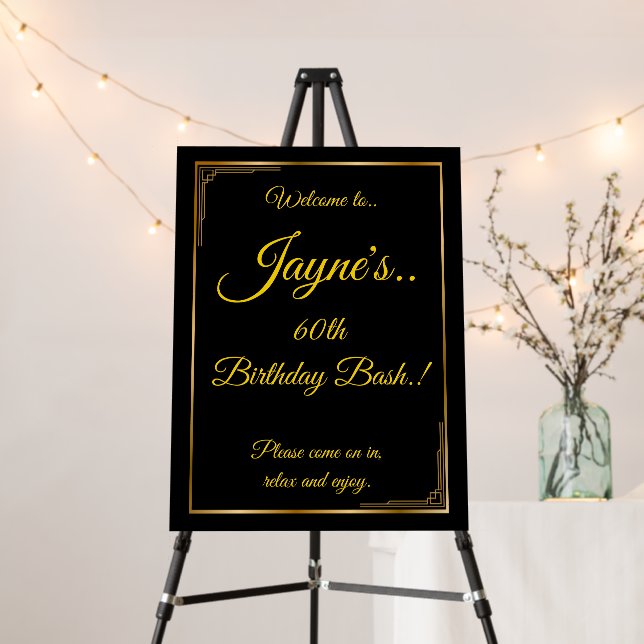 Gold on Black Art Deco Birthday Party Welcome Sign (In Situ (Stand))