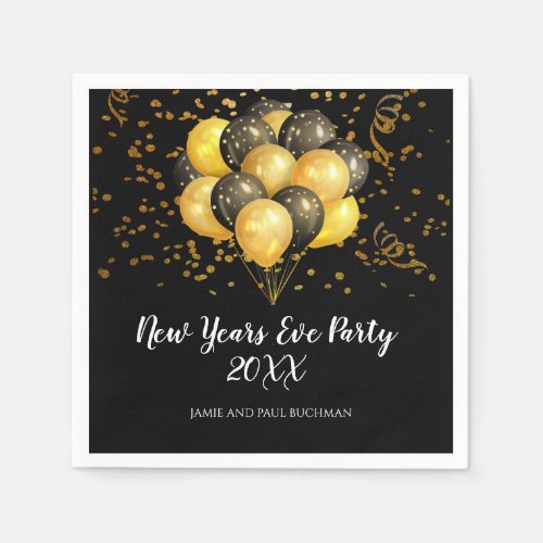 Gold On Black Balloons And Confetti  New Years Eve Napkins