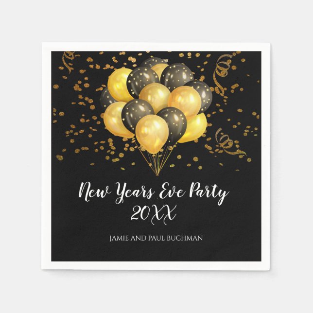 Gold On Black Balloons And Confetti  New Years Eve Napkins (Front)