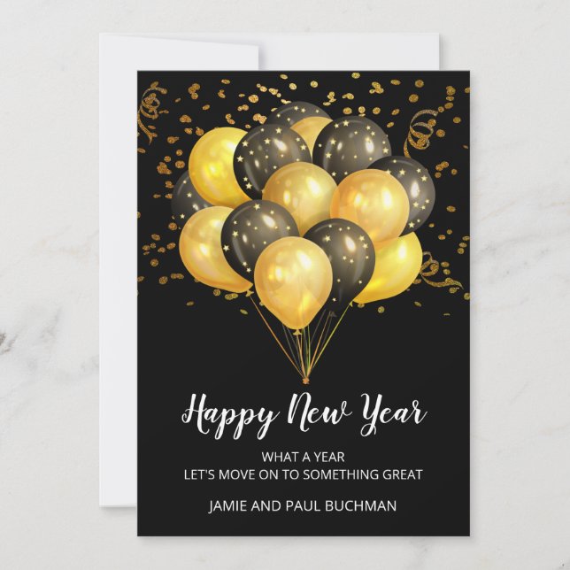 Gold On Black Balloons Confetti Happy New Year Holiday Card (Front)