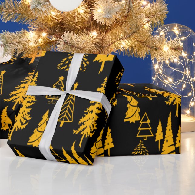 Gold on Black Christmas Trees Wrapping Paper (Holidays)