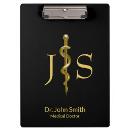 Gold on Black Classy Rod of Asclepius Medical Clipboard