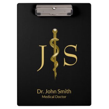 Gold On Black Classy Rod Of Asclepius Medical Clipboard by SorayaShanCollection at Zazzle