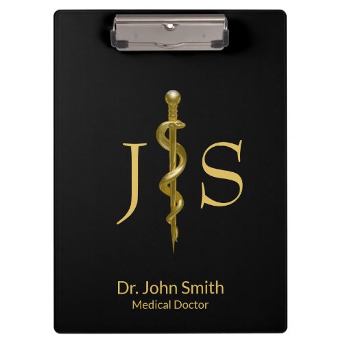 Gold on Black Classy Rod of Asclepius Medical Clipboard