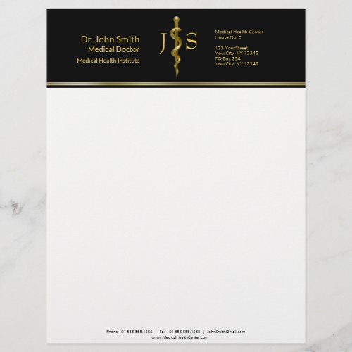 Gold on Black Classy Rod of Asclepius Medical Letterhead