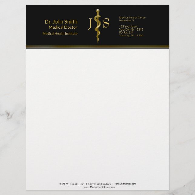 Gold on Black Classy Rod of Asclepius Medical Letterhead (Front)