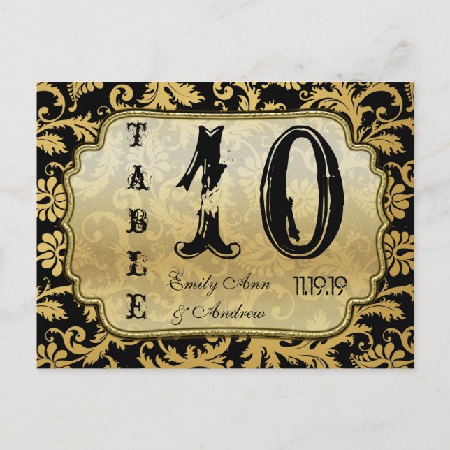 Gold on Black Damask Swirls Table Number (Front)
