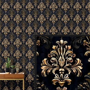 Gold on Black Dramatic Gothic Damask Wallpaper