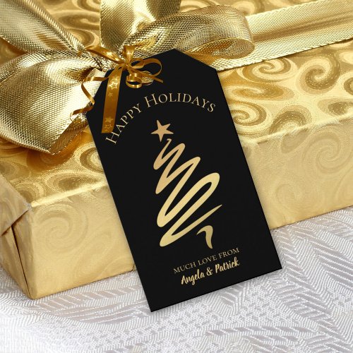 Gold on Black Elegant Christmas Tree Gift Tag