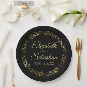 Gold on Black Elegant Floral Filigree Wedding Paper Plates