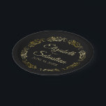 Gold on Black Elegant Floral Filigree Wedding Paper Plates<br><div class="desc">These beautiful paper plates are designed to coordinate with our Gold Foil Elegant Wedding Suite. They feature a faux foil gold floral border with a space to enter the name of the couple and the wedding date. Text is gold background is black. Fully customizable. Make your wedding reception all the...</div>
