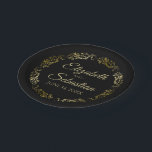 Gold on Black Elegant Floral Filigree Wedding Paper Plates<br><div class="desc">These beautiful paper plates are designed to coordinate with our Gold Foil Elegant Wedding Suite. They feature a faux foil gold floral border with a space to enter the name of the couple and the wedding date. Text is gold background is black. Fully customizable. Make your wedding reception all the...</div>