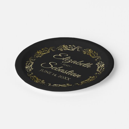 Gold on Black Elegant Floral Filigree Wedding Paper Plates