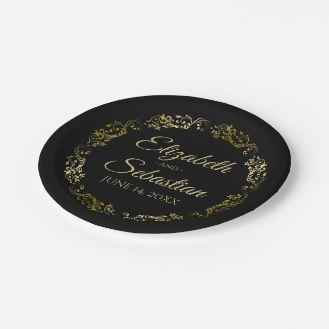 Gold on Black Elegant Floral Filigree Wedding Paper Plates (Angled)