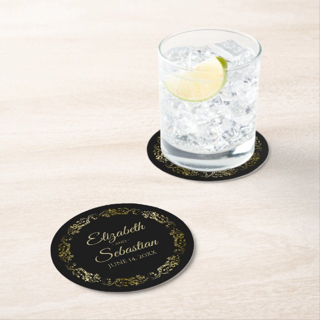Gold on Black Elegant Lacy Floral Filigree Wedding Round Paper Coaster (Insitu)