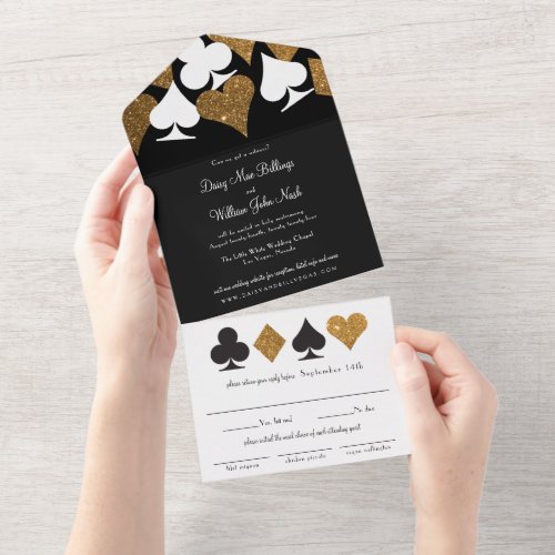 Gold on Black Faux Glitter Las Vegas Wedding All In One Invitation