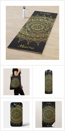 Gold on Black Floral Henna Mandala Yoga
