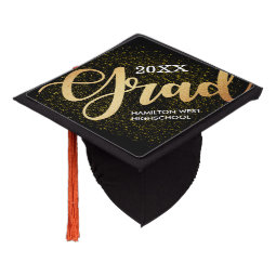 Gold on black Grad Year Golden glitter Graduation Cap Topper | Zazzle