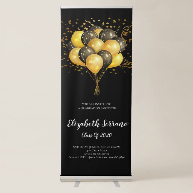 Gold On black Graduation Party Balloons & Confetti Retractable Banner (Front)