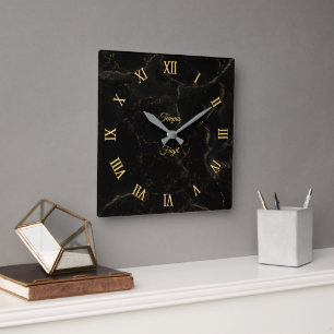 Gold on black marble Wall Clock (customizable)