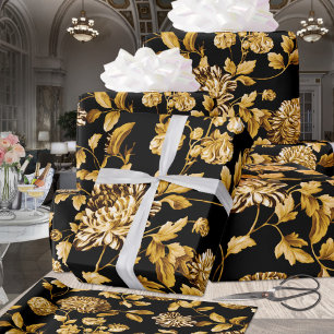 Gold On Black Modern Vintage Large Floral Toile Wrapping Paper