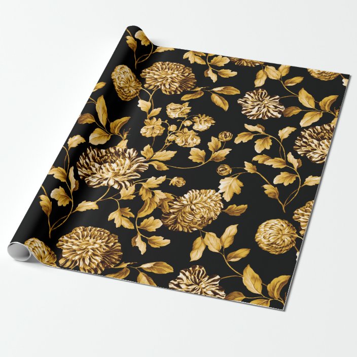 Gold On Black Modern Vintage Large Floral Toile Wrapping Paper Zazzle Com