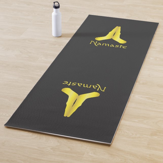 Gold on Black Namaste Mudra Hands Yoga Mat (In Situ)