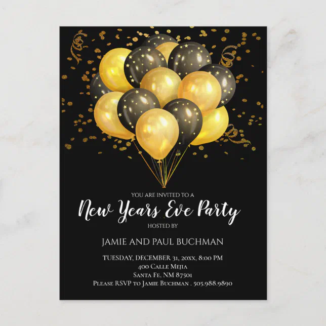 Gold On Black New Years Eve Balloons Party Postcard | Zazzle