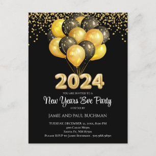 Gold On Black New Years Eve Balloons Party Postcard
