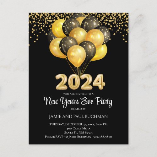 Gold On Black New Years Eve Balloons Party  Postcard