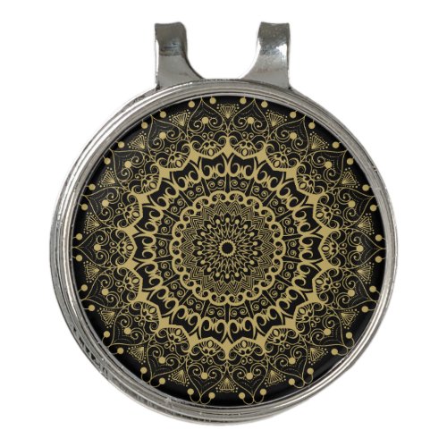 Gold on black ornate mandal pattern golf hat clip