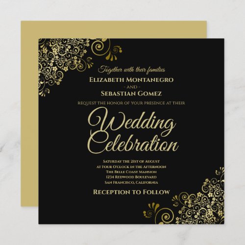 Gold on Black Simple Elegant Square Wedding Invitation