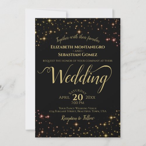 Gold on Black Starry Skies Evening Wedding Invitation