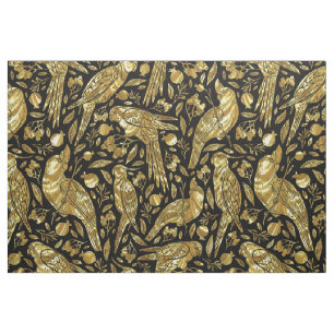 Gold on black tropical birds pattern fabric