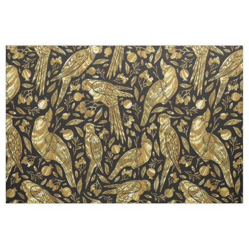 Gold on black tropical birds pattern fabric