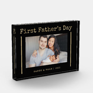 Gold on Black Typewriter Text First Father's Day Photo Block