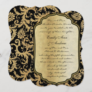 Gold on Black Vintage Damask Wedding Invitation