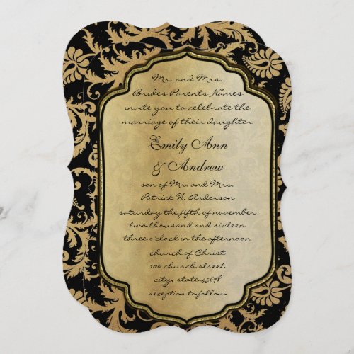 Gold on Black Vintage Damask Wedding Invitation