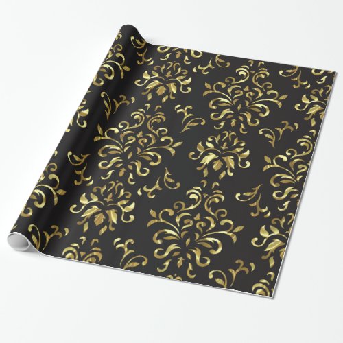 Gold On Black Vintage Floral Damasks Pattern Wrapping Paper