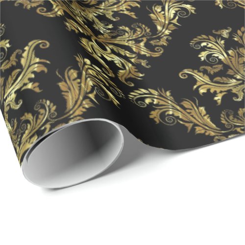 Gold on black vintage floral damasks wrapping paper