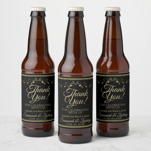 Gold on Black Wedding Beer Bottle Label Thank You