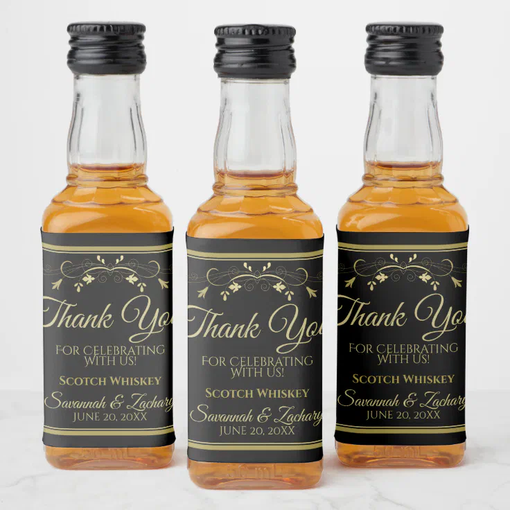 Gold on Black Wedding Mini Liquor Bottle Thank You Liquor Bottle Label |  Zazzle