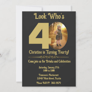 Gold on Black with photo 40th Birthday Invitation