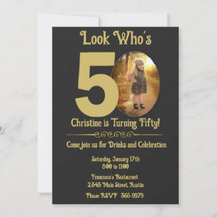 Gold on Black with photo 50th Birthday Invitation