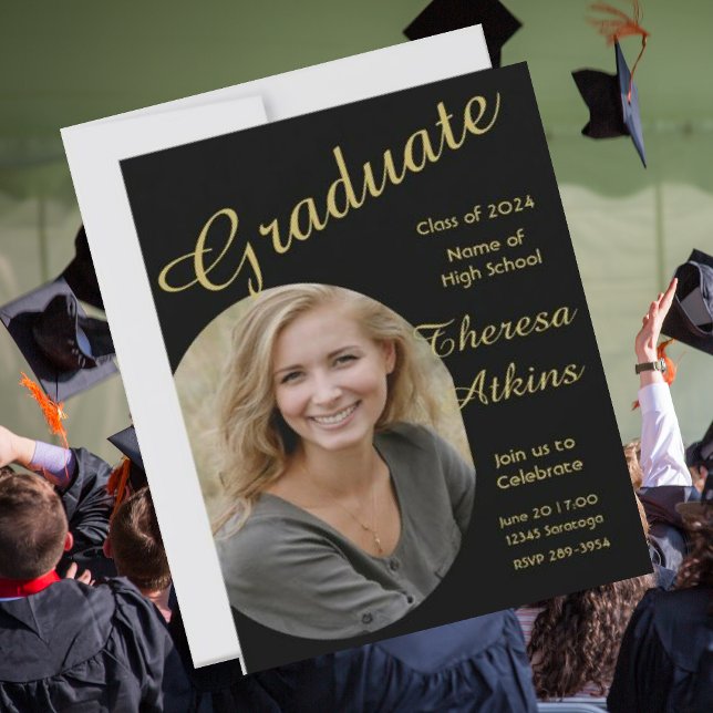 Gold on Black With Photo Graduation Party  Invitation (Creator Uploaded)
