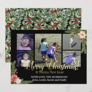 Gold on Black with Poinsettias 5 Photo Collage Holiday Card