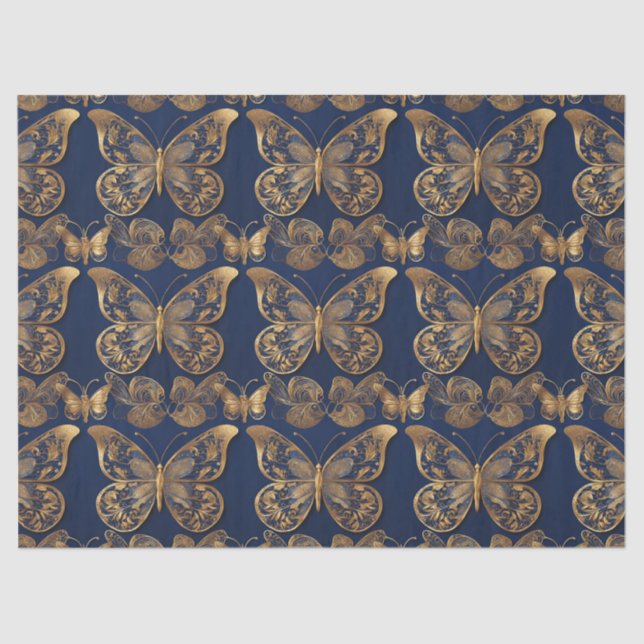 Gold On Blue Butterflies Decoupage Tissue  Tissue Paper (Front)