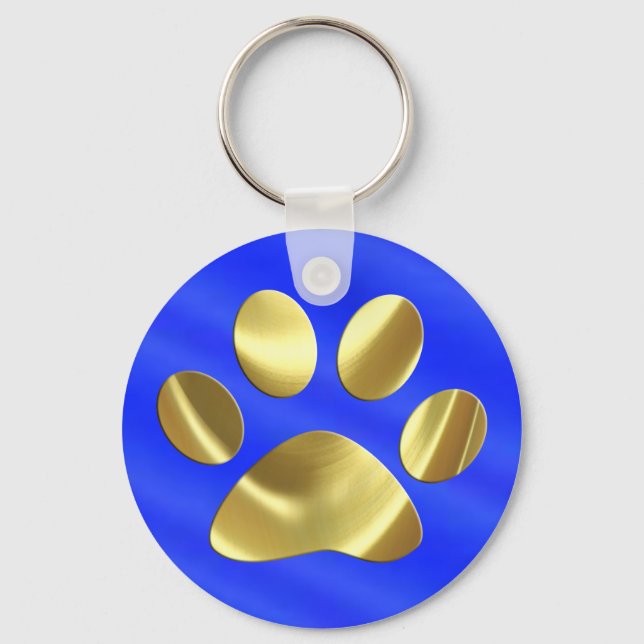 Gold on Blue Cat Paw Print Keychain (Front)