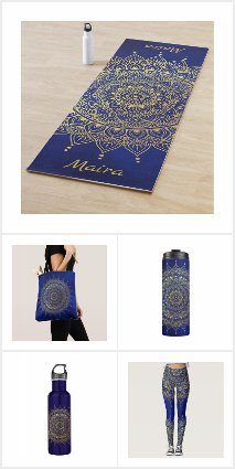 Gold on Blue Floral Henna Mandala Yoga